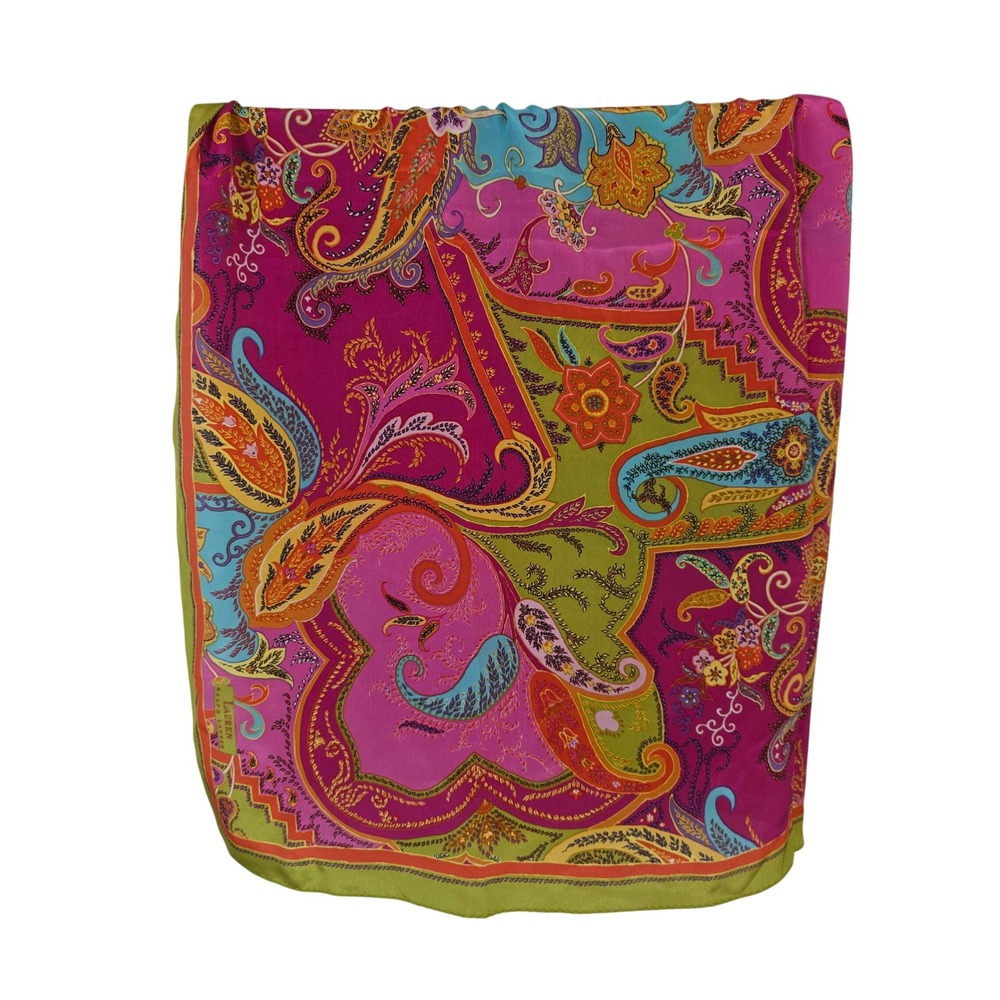 Lauren Ralph Lauren Satin Scarf Pink Green Paisley Floral Square Head Neck Wrap